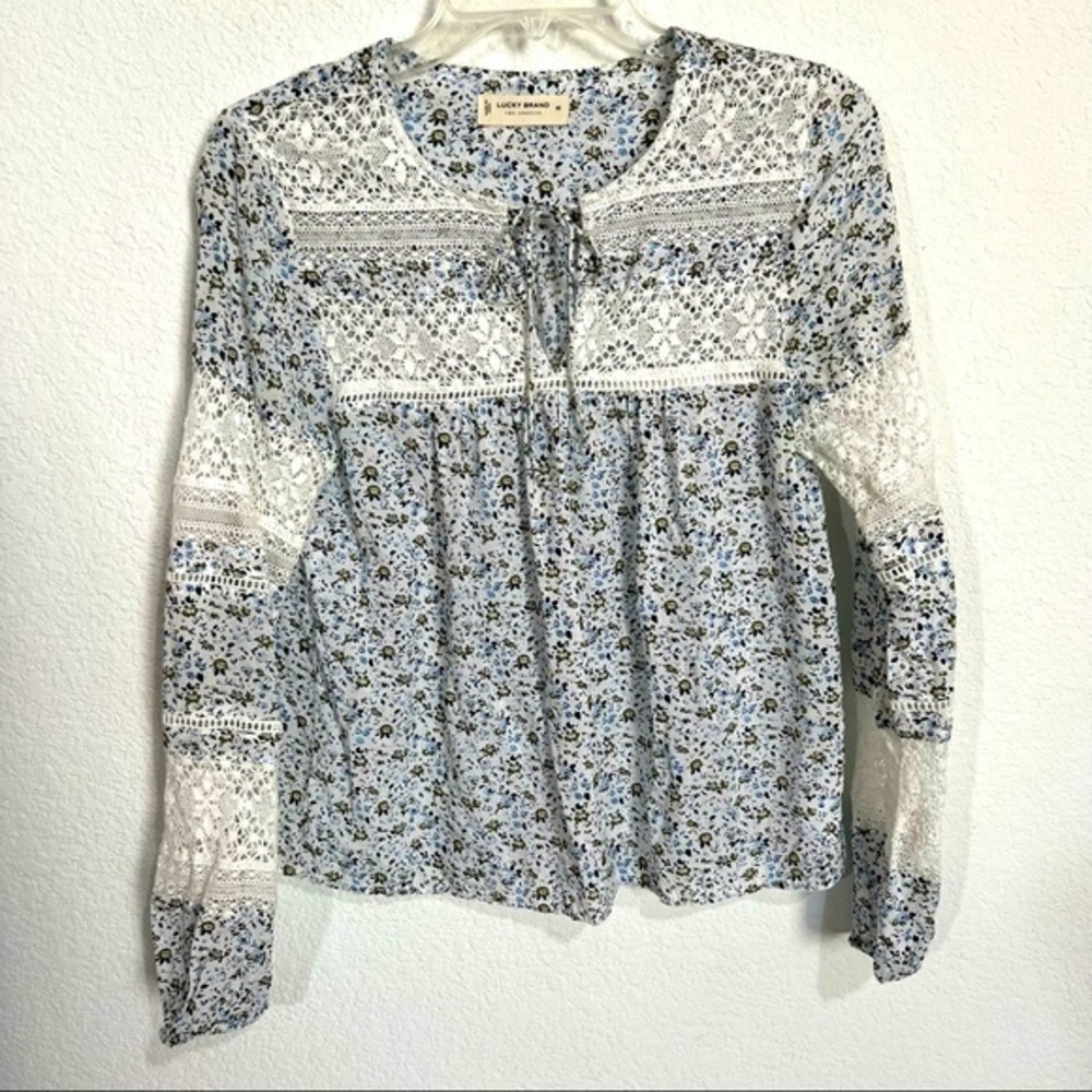 Lucky Brand Floral & Lace Boho Indie Inspired Long Sleeve Blouse Tie Front New S
